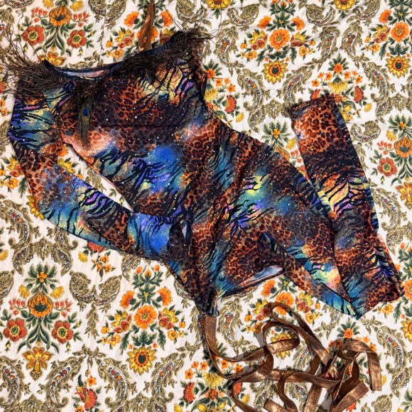 Weissman Other - VTG Animal Print Sequin Peacock Feather One Shoulder Dance Unitard Cut Outs
